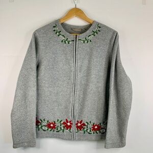 Christmas Embroidered Holly Granny cottagecore fleece jacket cardigan red gray